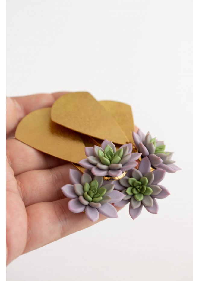 Statement and Original gold color Earrings with Purple Succulent