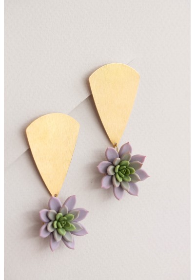 Statement and Original gold color Earrings with Purple Succulent