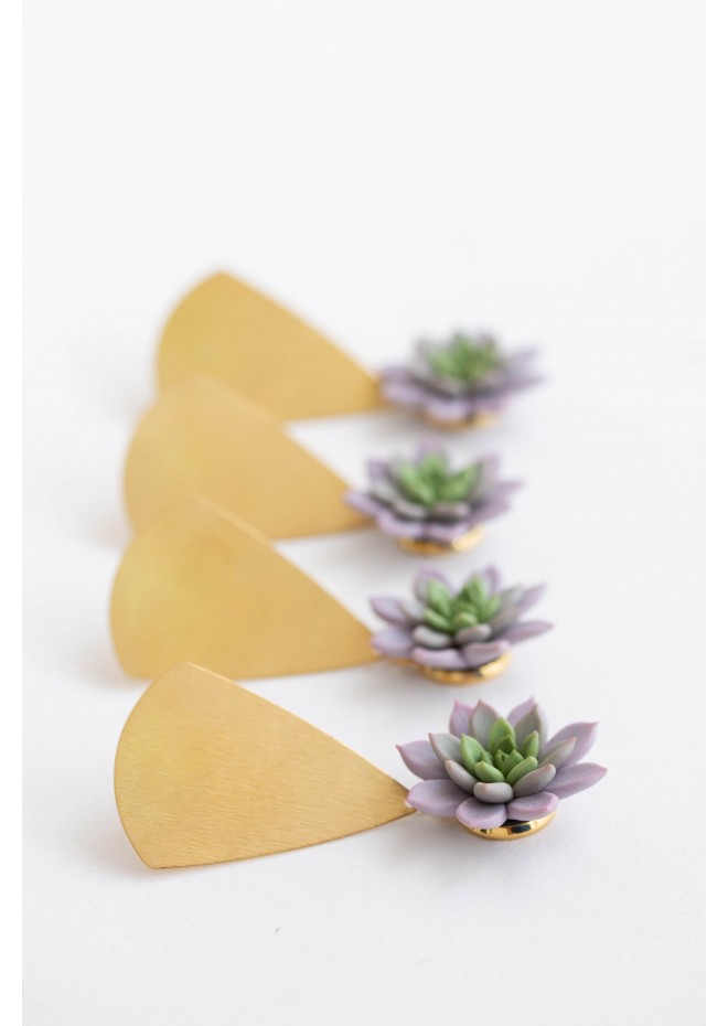 Statement and Original gold color Earrings with Purple Succulent