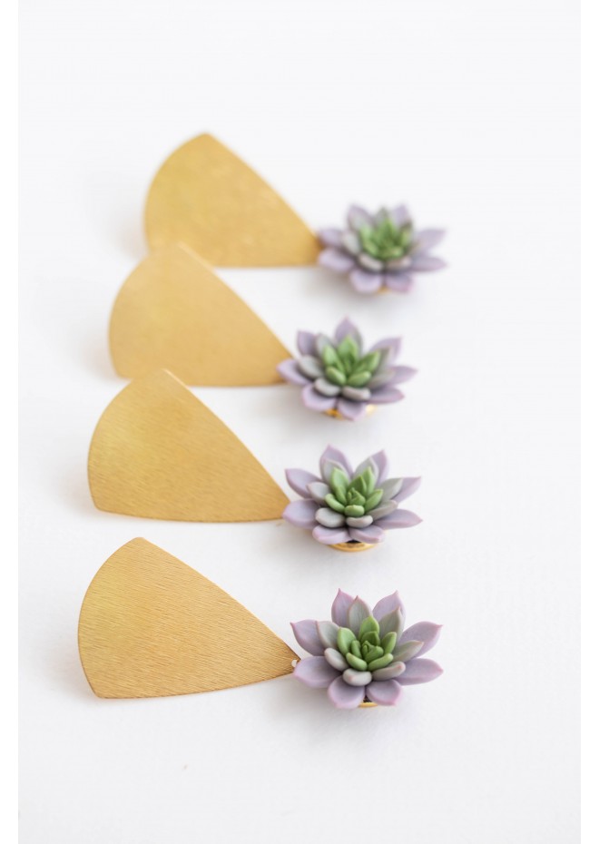 Statement and Original gold color Earrings with Purple Succulent