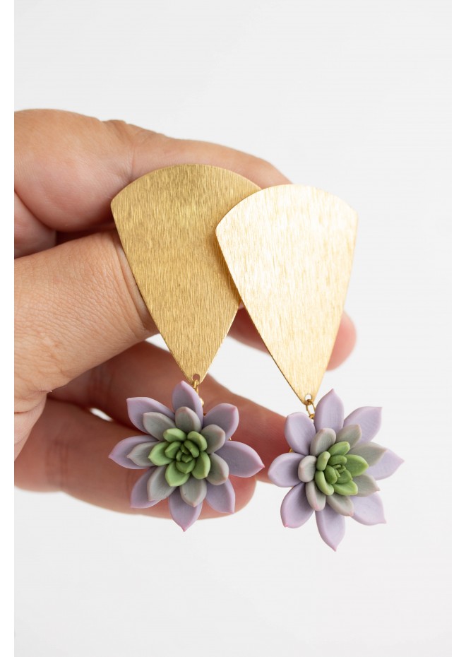 Statement and Original gold color Earrings with Purple Succulent