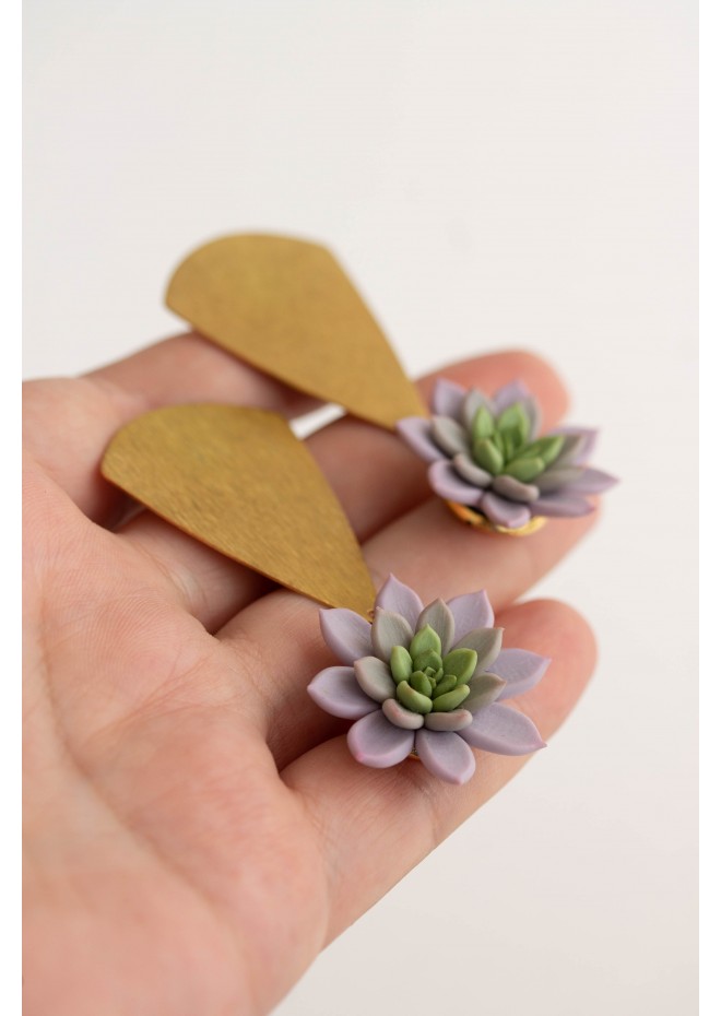 Statement and Original gold color Earrings with Purple Succulent