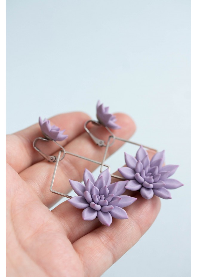 2 in 1 Purple Succulent Clip-on Earrings