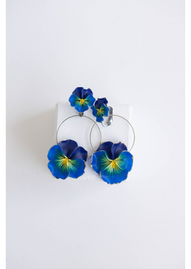 Dark Blue Clip-on Pansy Stainless Steel Earrings Handmade Polymer clay Stainless steel Statement Earrings Gift for her