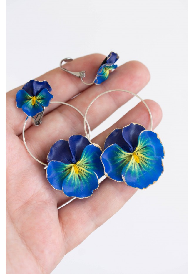 Dark Blue Clip-on Pansy Stainless Steel Earrings Handmade Polymer clay Stainless steel Statement Earrings Gift for her