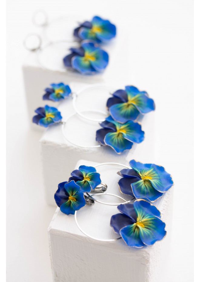 Dark Blue Clip-on Pansy Stainless Steel Earrings Handmade Polymer clay Stainless steel Statement Earrings Gift for her