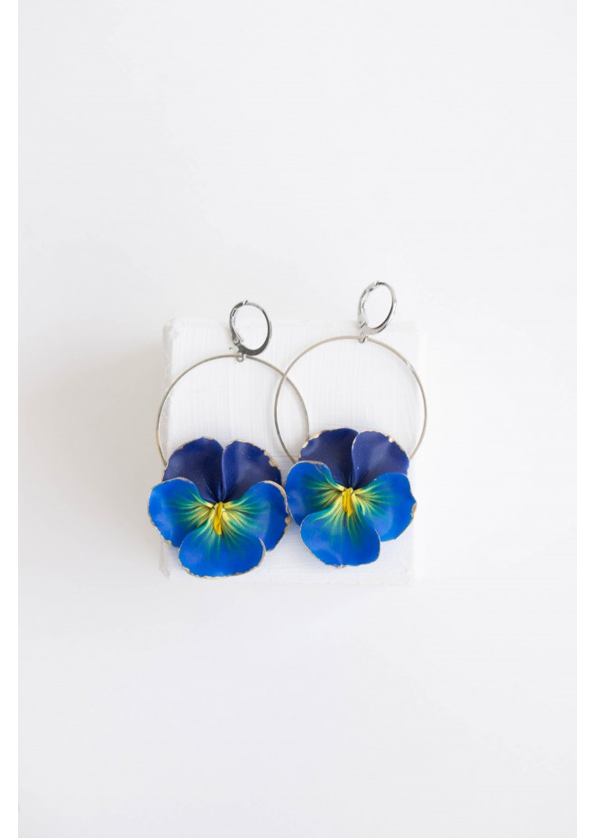 Dark Blue Clip-on Pansy Stainless Steel Earrings Handmade Polymer clay Stainless steel Statement Earrings Gift for her