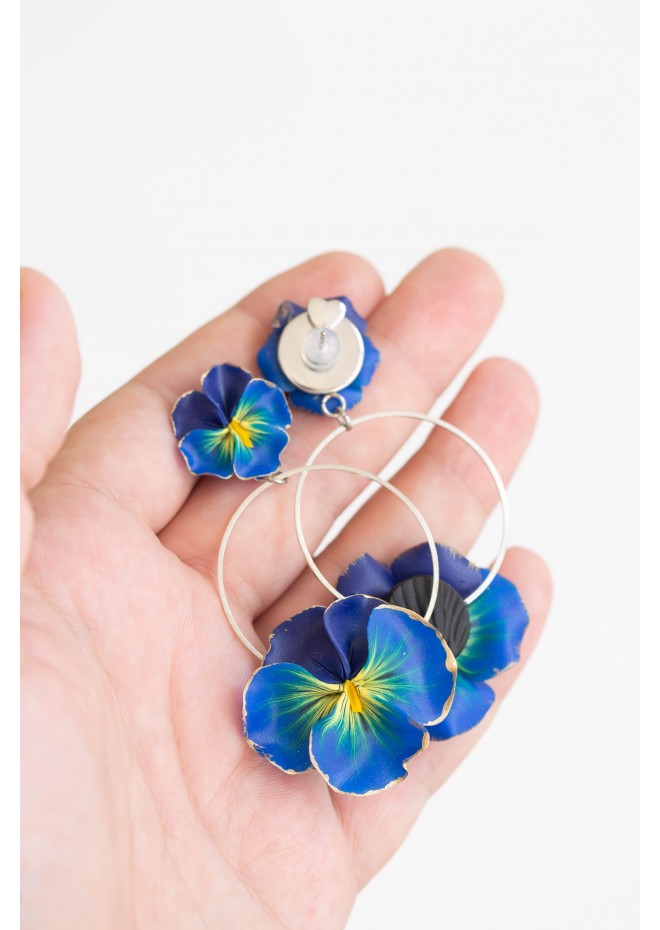 Dark Blue Clip-on Pansy Stainless Steel Earrings Handmade Polymer clay Stainless steel Statement Earrings Gift for her