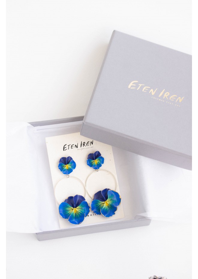 Dark Blue Clip-on Pansy Stainless Steel Earrings Handmade Polymer clay Stainless steel Statement Earrings Gift for her