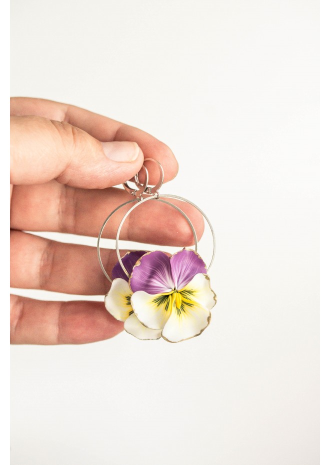 Statement and Beautiful: Exquisite Violet and Yellow Blossom Pansy Flowers Earrings