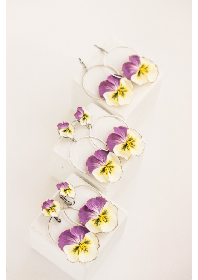 Statement and Beautiful: Exquisite Violet and Yellow Blossom Pansy Flowers Earrings