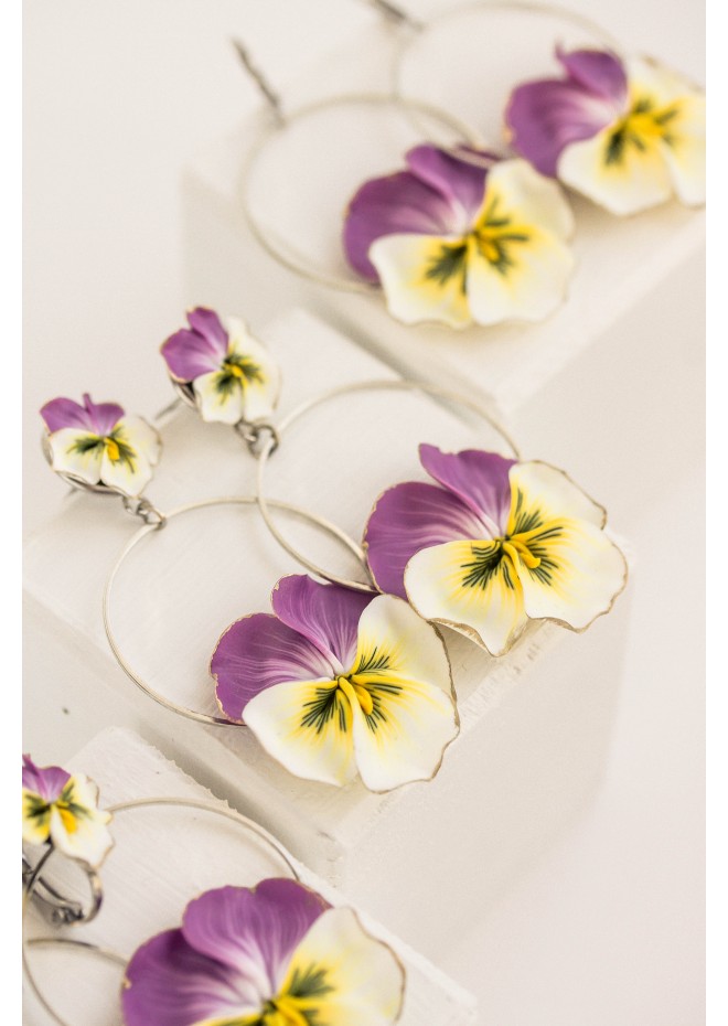 Statement and Beautiful: Exquisite Violet and Yellow Blossom Pansy Flowers Earrings