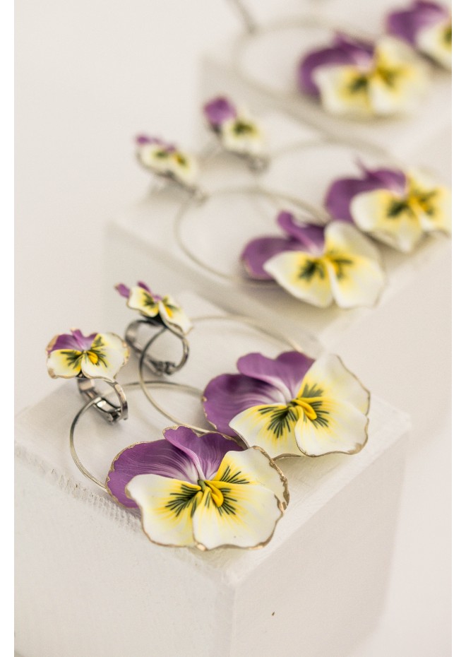 Statement and Beautiful: Exquisite Violet and Yellow Blossom Pansy Flowers Earrings