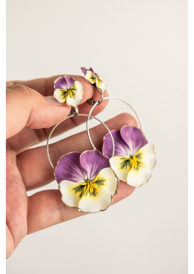 Statement and Beautiful: Exquisite Violet and Yellow Blossom Pansy Flowers Earrings