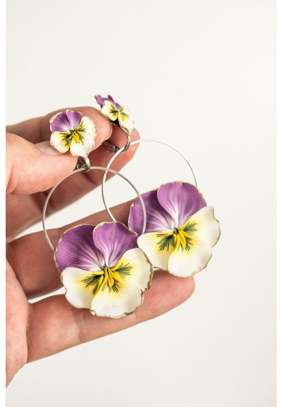 Statement and Beautiful: Exquisite Violet and Yellow Blossom Pansy Flowers Earrings