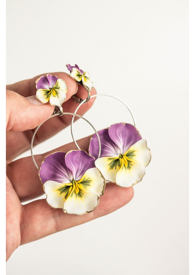 Statement and Beautiful: Exquisite Violet and Yellow Blossom Pansy Flowers Earrings
