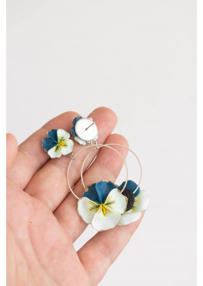 Light Blue Clip-on Pansy Flowers Stainless Steel Earrings Handmade Polymer clay Stainless steel Statement Earrings Gift for her