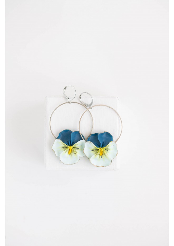 Light Blue Clip-on Pansy Flowers Stainless Steel Earrings Handmade Polymer clay Stainless steel Statement Earrings Gift for her