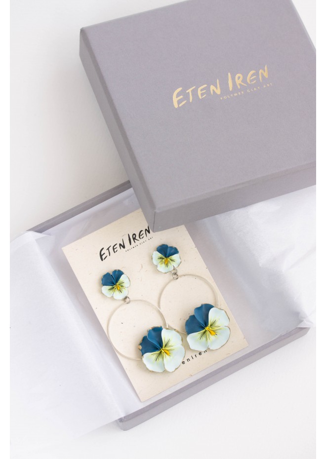Light Blue Clip-on Pansy Flowers Stainless Steel Earrings Handmade Polymer clay Stainless steel Statement Earrings Gift for her