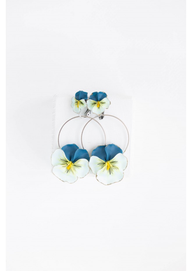 Light Blue Clip-on Pansy Flowers Stainless Steel Earrings Handmade Polymer clay Stainless steel Statement Earrings Gift for her