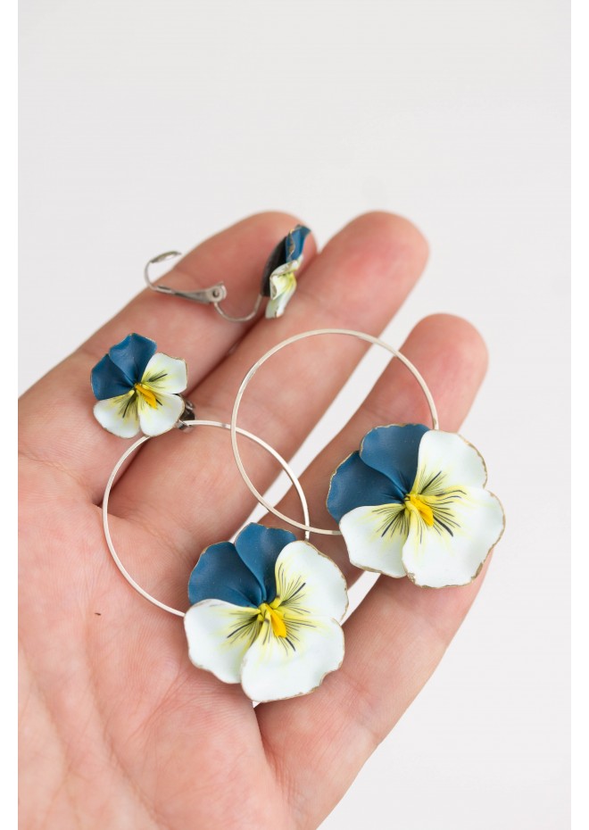 Light Blue Clip-on Pansy Flowers Stainless Steel Earrings Handmade Polymer clay Stainless steel Statement Earrings Gift for her