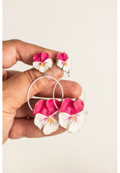 Pink-White Pansy flowers Clip-on Earrings