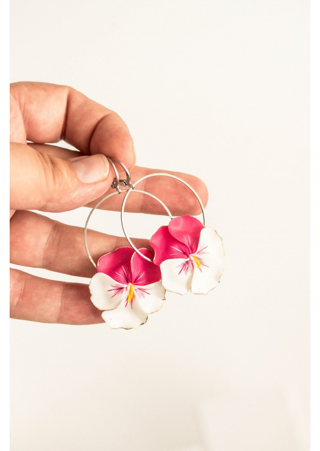 Pink White Clip-on Stainless Steel Earrings Handmade Polymer clay Stainless steel Statement Earrings Gift for her