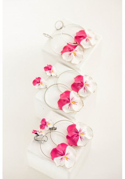 Pink-White Pansy flowers Clip-on Earrings