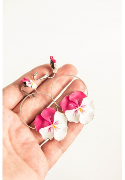 Pink-White Pansy flowers Clip-on Earrings