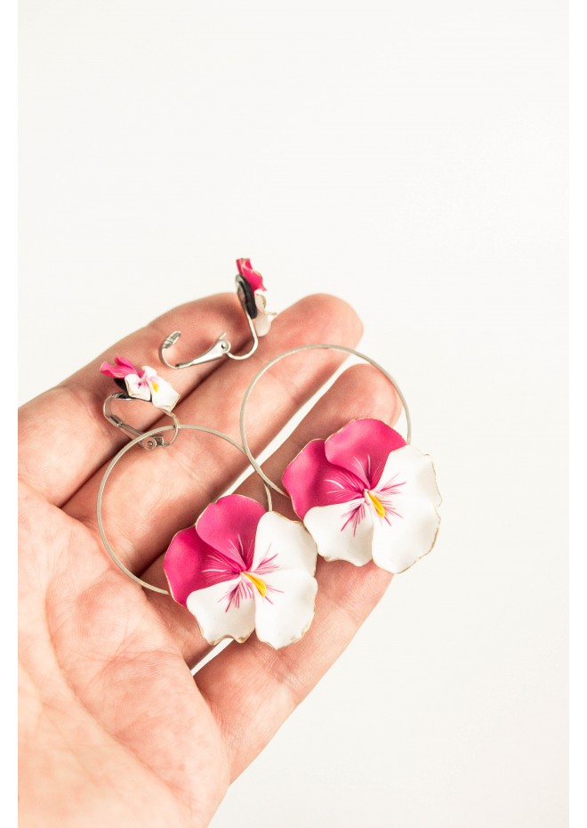 Pink White Clip-on Stainless Steel Earrings Handmade Polymer clay Stainless steel Statement Earrings Gift for her