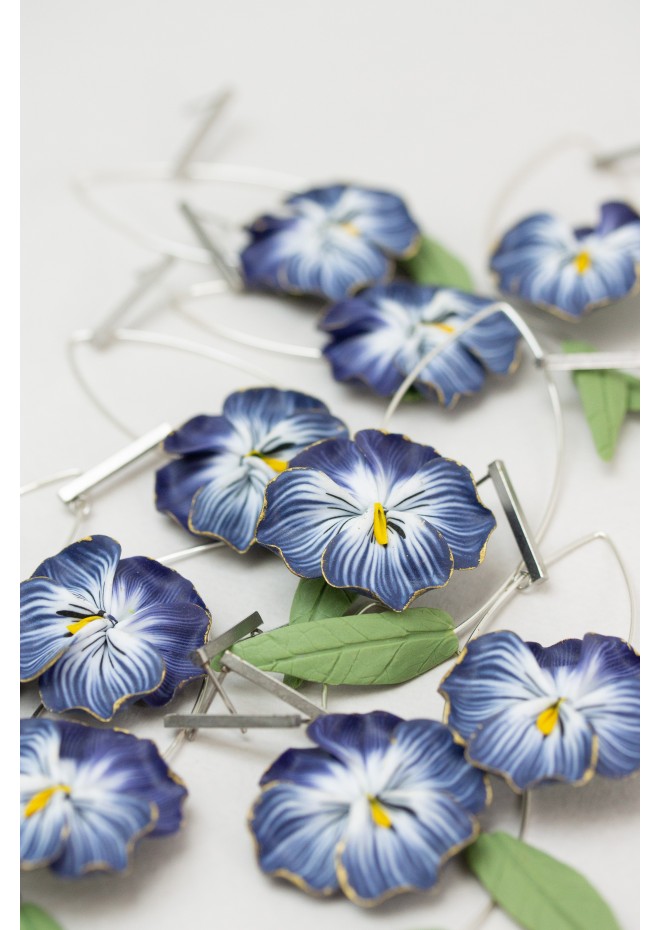 Deep Blue Pansy Dangle Earrings