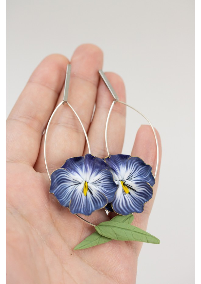 Deep Blue Pansy Dangle Earrings
