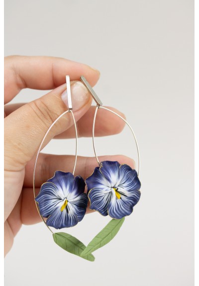 Deep Blue Pansy Dangle Earrings