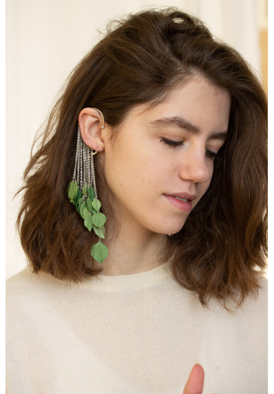 Green Leafs Statement cuff earrings Statement Drop Leaf earrings for wedding Non pierced single earring Floral earrings Woodland jewelry