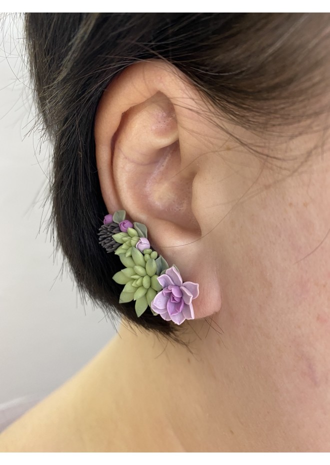 Succulent Echeveria Cuff earrings Green Pink Succulents dangle earrings, unique floral jewelry, design from EtenIren