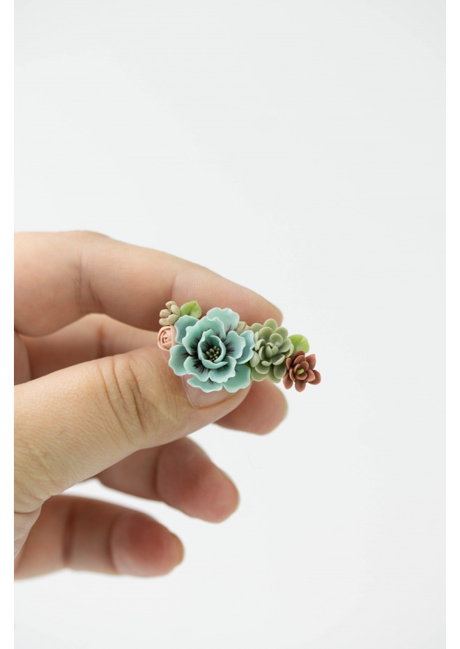 Flowers Boquet Cuff earrings Blue Green Beige floral stud earrings, unique floral jewelry, design from EtenIren