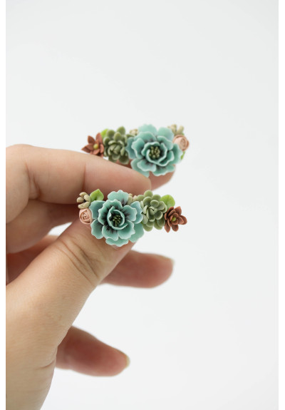 Flowers Boquet Cuff earrings Blue Green Beige floral stud earrings, unique floral jewelry, design from EtenIren