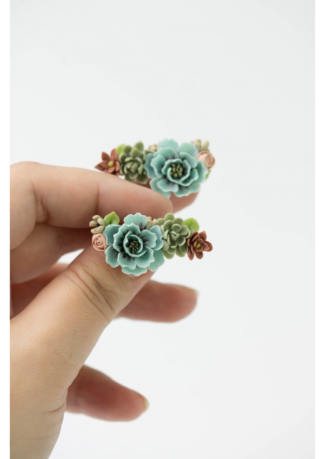 Flowers Boquet Cuff earrings Blue Green Beige floral stud earrings, unique floral jewelry, design from EtenIren