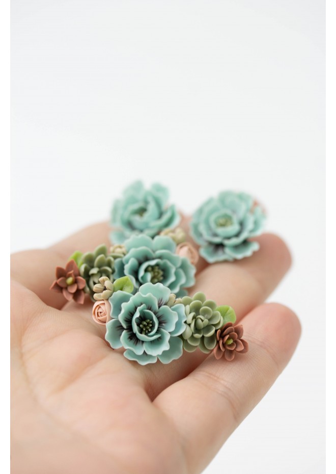 Flowers Boquet Cuff earrings Blue Green Beige floral stud earrings, unique floral jewelry, design from EtenIren