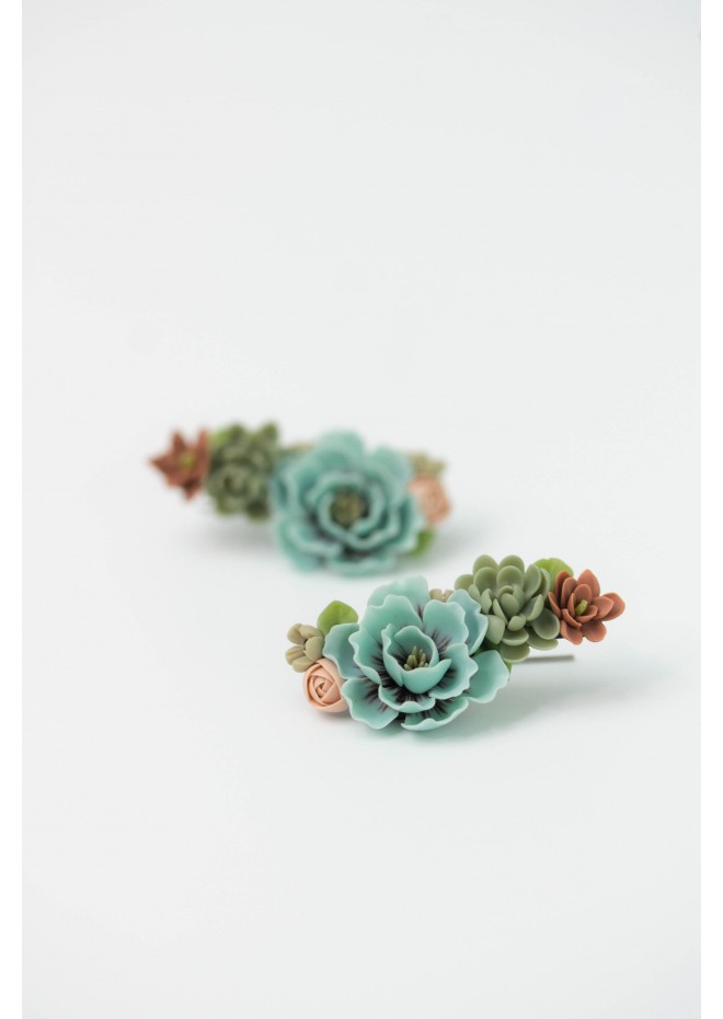 Flowers Boquet Cuff earrings Blue Green Beige floral stud earrings, unique floral jewelry, design from EtenIren