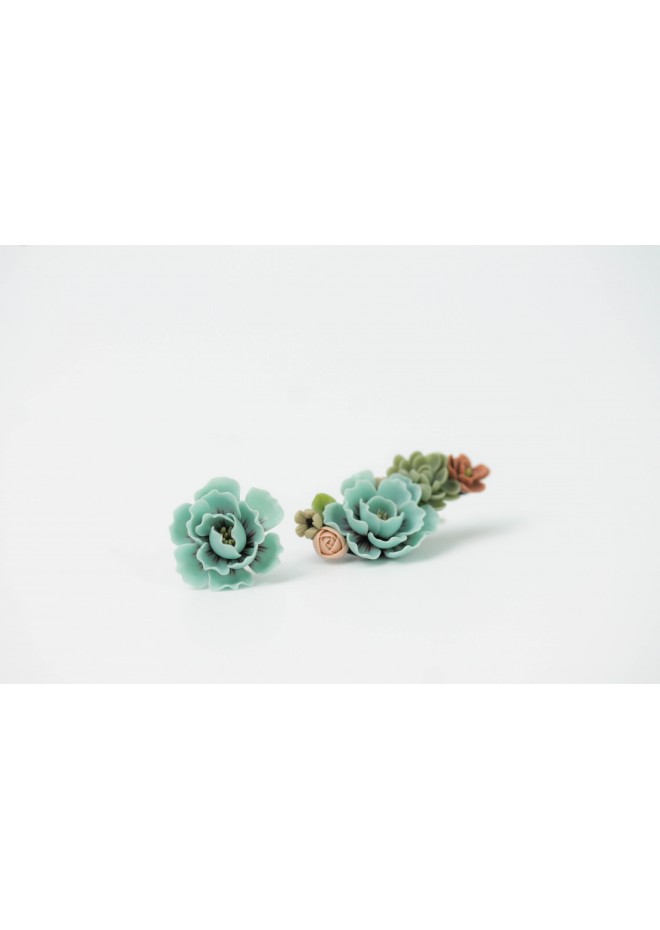 Flowers Boquet Cuff earrings Blue Green Beige floral stud earrings, unique floral jewelry, design from EtenIren