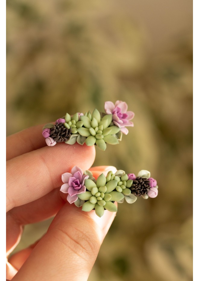 Succulent Echeveria Cuff earrings Green Pink Succulents dangle earrings, unique floral jewelry, design from EtenIren