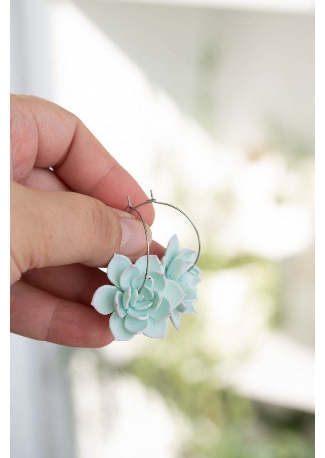 Blue Succulent Flower hoop earrings from polymer clay, 100% handmade