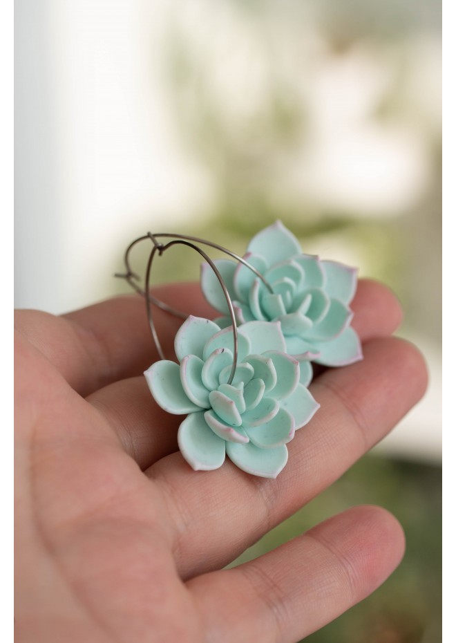 Blue Succulent Flower hoop earrings from polymer clay, 100% handmade