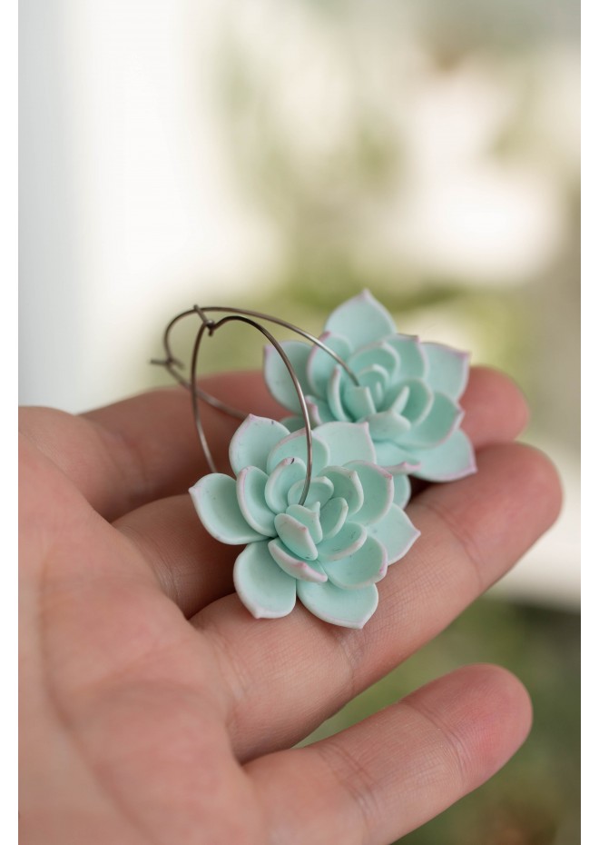 Blue Succulent Flower hoop earrings from polymer clay, 100% handmade