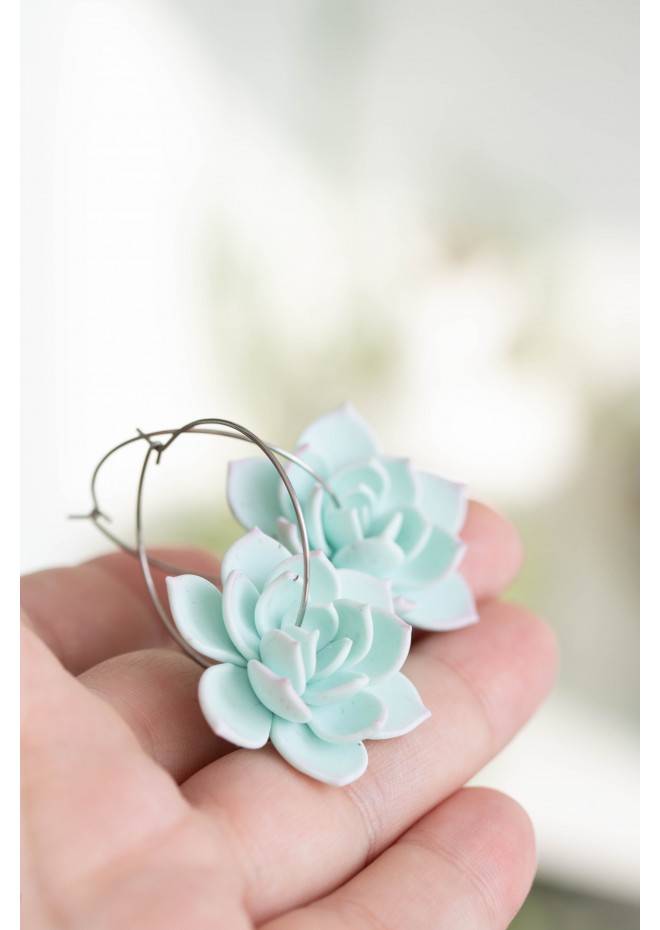 Blue Succulent Flower hoop earrings from polymer clay, 100% handmade