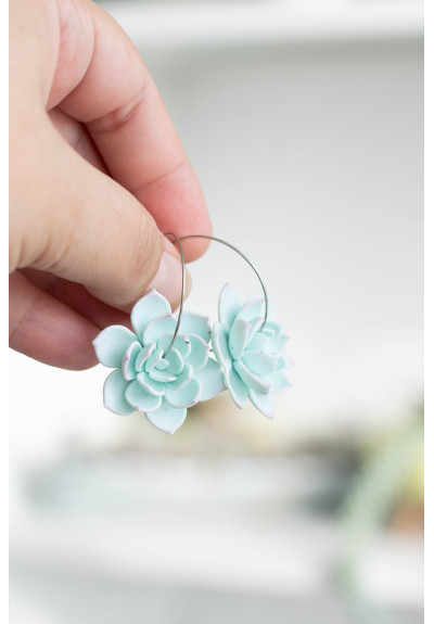 Blue Succulent Flower hoop earrings from polymer clay, 100% handmade