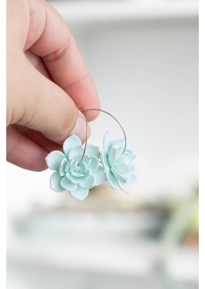 Blue Succulent Flower hoop earrings from polymer clay, 100% handmade