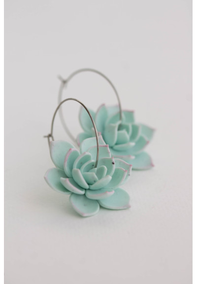 Blue Succulent Flower hoop earrings from polymer clay, 100% handmade