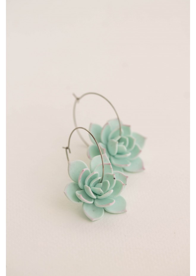 Blue Succulent Flower hoop earrings from polymer clay, 100% handmade
